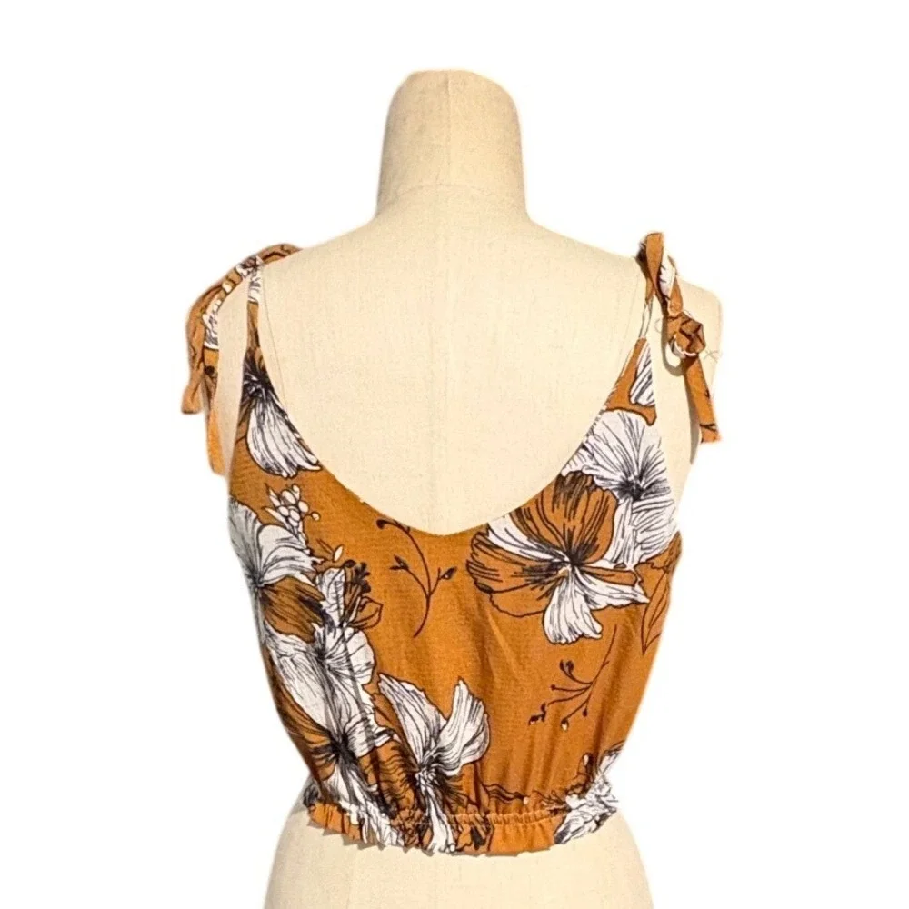 Boho Floral Crop Top Tie Strap Tank Brown White Smocked Summer Small - Picture 3 of 7